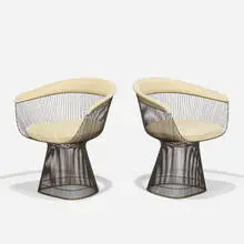 Chairs, pair by Warren Platner, 1962, chrome-plated steel, vinyl upholstery, plastic, sold Feb 2021