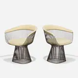 Warren Platner, Chairs, pair, 1962, chrome-plated steel, vinyl upholstery, plastic