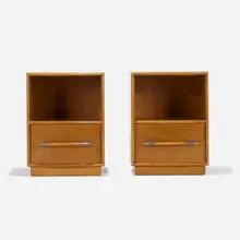 Nightstands, pair by T. H. Robsjohn-Gibbings, c. 1953, walnut, nickeled brass, sold Feb 2021
