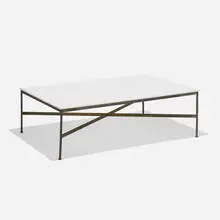 Directional coffee table, model 8703 by Paul McCobb, 1955, brass, milk glass, sold Feb 2021
