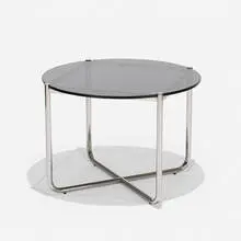 Model 259 table by Ludwig Mies van der Rohe, smoked glass, chrome-plated steel, sold Feb 2021