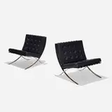 Barcelona chairs, pair by Ludwig Mies van der Rohe, 1929 / 1990, stainless steel, leather, sold Feb 2021