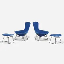 Bird chairs and ottomans, pair by Harry Bertoia, enameled steel, upholstery, sold Feb 2021