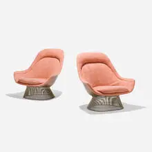 Lounge chairs, pair by Warren Platner, 1966, upholstery, matte chrome-plated steel, sold Feb 2021