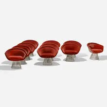 Warren Platner, Armchairs, set of ten, upholstery, chrome-plated steel