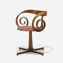George Mulhauser, Sultana chair, 1966, walnut plywood with lacquered details, upholstery, enameled steel