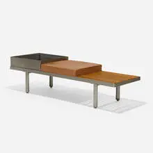 Contract Bench System by George Nelson & Associates, 1958, polished steel, aluminum, birch, leather, enameled steel, sold Feb 2021