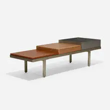 Contract Bench System by George Nelson & Associates, 1958, aluminum, polished steel, walnut, leather, sold Feb 2021