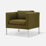 Lounge chair by Owings Selected by Skidmore & Merrill, c. 1955, upholstery, chrome-plated steel, sold Feb 2021