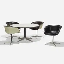 Charles and Ray Eames, Dining set, 1957, fiberglass, aluminum, vinyl, enameled aluminum, rubber, laminate, plastic