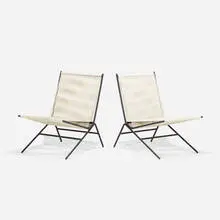 Lounge chairs, pair by Allan Gould, 1952, enameled steel, cotton cording, sold Feb 2021