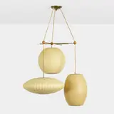 Bubble Cluster lamp, model #B-3-740 by George Nelson & Associates, 1947, sprayed fiberglass over a metal frame, chrome-plated steel, brass, birch, nylon, sold Feb 2021