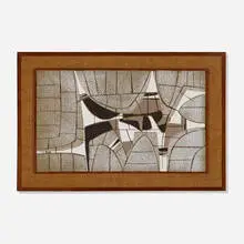 Clyde Burt, Untitled (wall plaque), c. 1965, glazed ceramic, mahogany, burlap