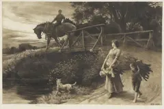 Untitled by Herbert Dicksee, a young woman driving cows and calves along a village road original etching on vellum, sold Sep 2021