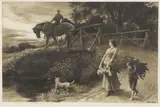 Herbert Dicksee, Untitled, a young woman driving cows and calves along a village road original etching on vellum