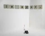 Frederico Guzmán (artista), El Silencio Homologado, 1989, mixed media on board, wires, cable and telephone