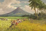 Fernando Amorsolo, Harvesting Rice Near Mayon Volcano, 1956, oil on canvas