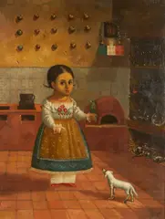Horacio Rentería Rocha, Niña con loro y perro, oil on canvas