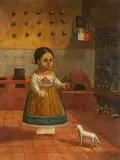 Horacio Rentería Rocha, Niña con loro y perro, oil on canvas