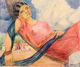 Roberto Montenegro, Mujer en una hamaca; Mujer con trenzas, 1935 (2), color pencil on paper