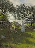 Thaddeus Welch, A Mother and her Children in a Spring Landscape, 1885, oil on board