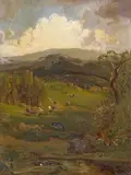 William Keith, Cattle Grazing among Rolling Hills and Cloudy Skies, oil on canvas