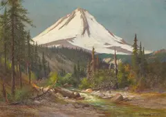 Edward Rufus Hill, Sunlit Stream and a Snow-covered Mountain, oil on canvas on board
