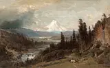 Thomas Hill, An Expansive Landscape with Mt. Hood Beyond, oil on canvas on masonite