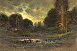 Manuel Valencia, Cattle Watering at Sunset, oil on canvas