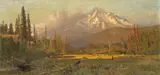 William Keith, Cabin Hideaway near a Sunlit Clearing with a Mountain in the Distance, thought to be Mt. Shasta, 1888, oil on canvas