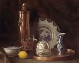 Gerard L. Steenks, A Still Life including Blue and White China and a Samovar, oil on canvas