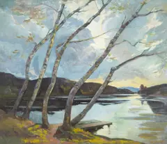 Thomas McGlynn, Cloudy Skies and a Peaceful Lake at Dusk, oil on board