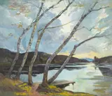 Thomas McGlynn, Cloudy Skies and a Peaceful Lake at Dusk, oil on board