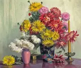 Walter Farrington Moses, A Bouquet of Chrysanthemums in a Blue Vase, oil on canvas