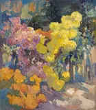 A Walkway Lined with Pink and Yellow Chrysanthemums by Franz Bischoff, oil on canvas, sold Apr 2008