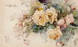 Franz Bischoff, Still Life with Pink and Yellow Roses, watercolor on paper on board