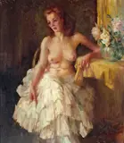William Frederick Foster, A Seated Female Nude with a Floral Bouquet, oil on canvas