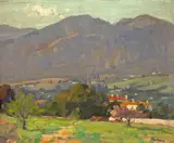 Ferdinand Kaufmann, Homes Along the San Gabriel Mountains, oil on board
