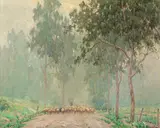 A Shepherd and his Flock in the Early Morning Mist by Granville Redmond, oil on canvas, sold Apr 2008