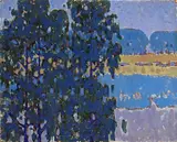 Almira A. Judson, Eucalyptus Grove by a Lake, oil on canvas