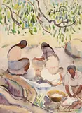 Donna N. Schuster, Taos Women Washing, watercolor on paper