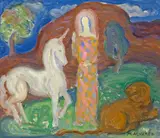 Mabel Alvarez, Lady with Lion and Unicorn, oil on board