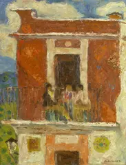 Mabel Alvarez, Three Figures on a Balcony, 1955, oil on canvas board