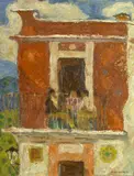 Mabel Alvarez, Three Figures on a Balcony, 1955, oil on canvas board