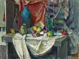 Helen Stirling Winslow, A Still Life with Blue Vases and a Red Cloth, oil on canvas