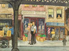 Bernard von Eichman, A Stroll Down the City Street, 1936, watercolor on paper