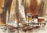 Bud Shackelford, Sailboats along a Dock, oil on canvas