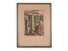 Cyril Bouda, In Front of a Trailer, First half of 20th century, Coloured aquatint, paper