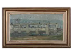 Sketch of a Dam by Vladimír Vestenický, 1957, Oil on hardboard, sold Oct 2021