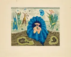 Arik Brauer, The Words of wise Men are heard in the Quiet more than the Cry of Him that ruleth among Fools (Aus: Aus den Sprüchen Salomos), 1970/71, Farbaquatinta auf Japan